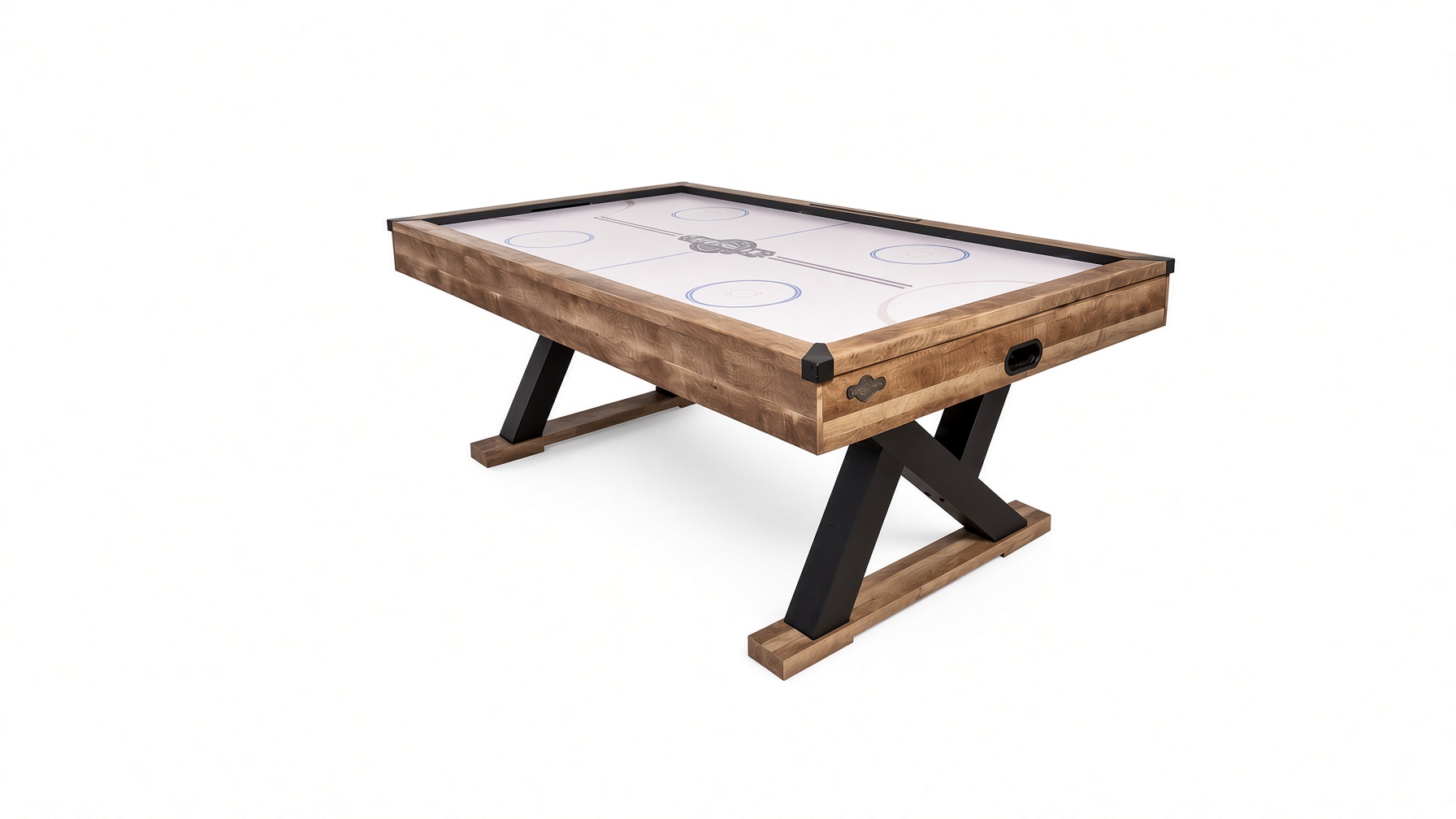 American Legend Kirkwood air hockey table with rustic wood trestle legs assembled by DR Assembly