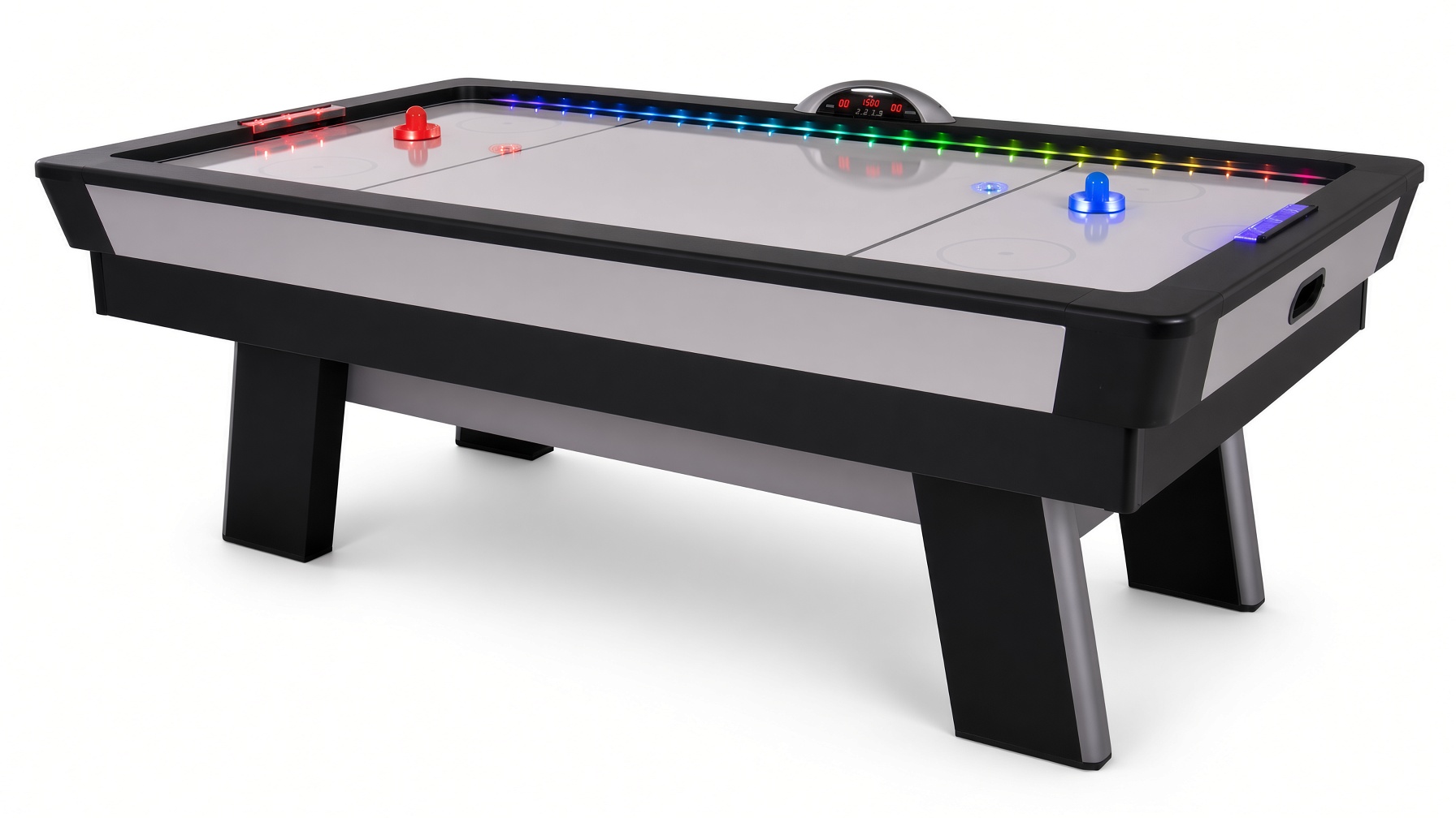 Atomic Top Shelf 90-inch air hockey table with rainbow LED rail lighting assembled by DR Assembly