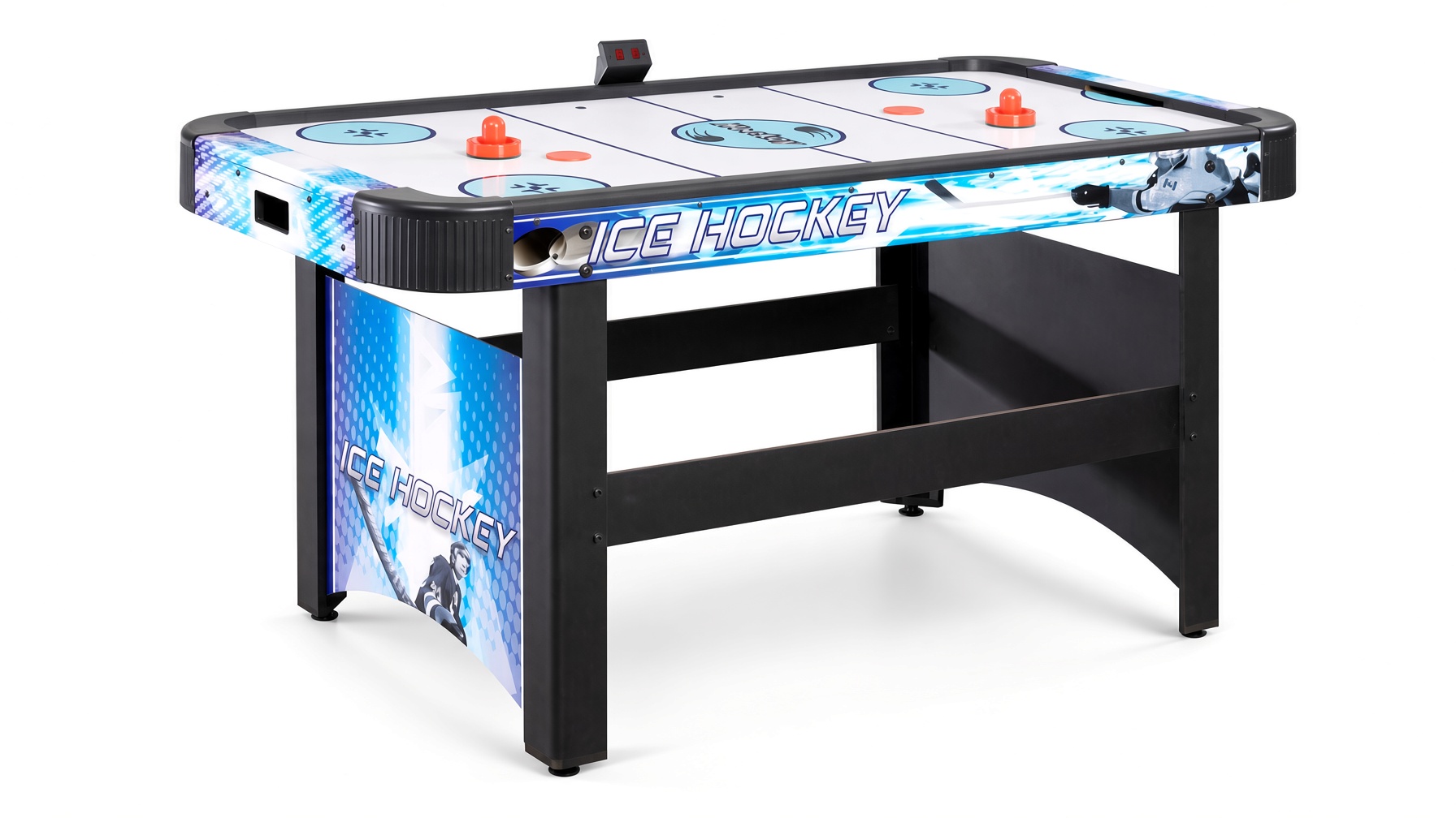 Face Off 5 foot Ice Hockey themed air hockey table in blue and white assembled in a Florida home