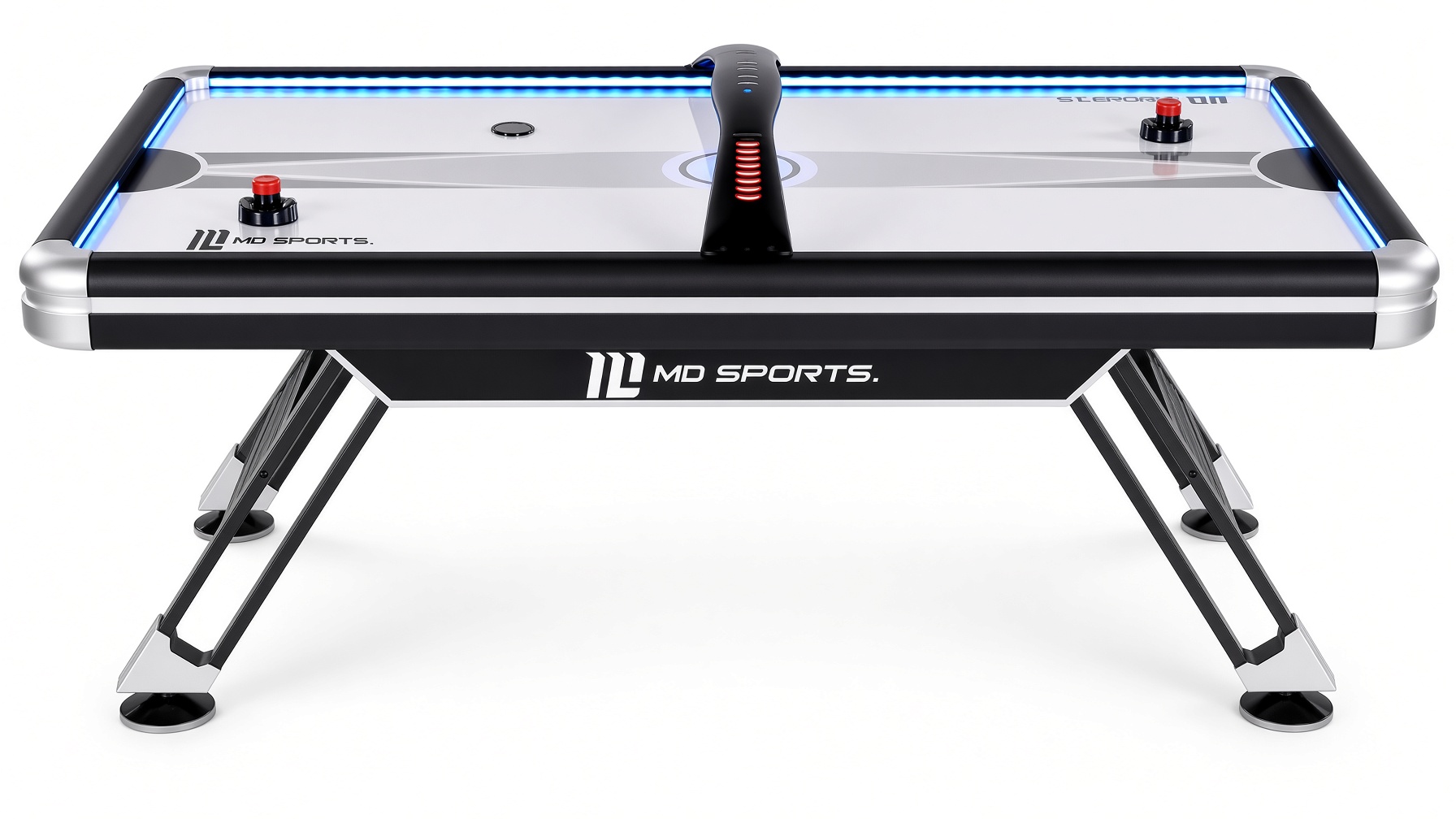 MD Sports Titan 7.5 foot air hockey table with blue LED rails assembled in a Florida home