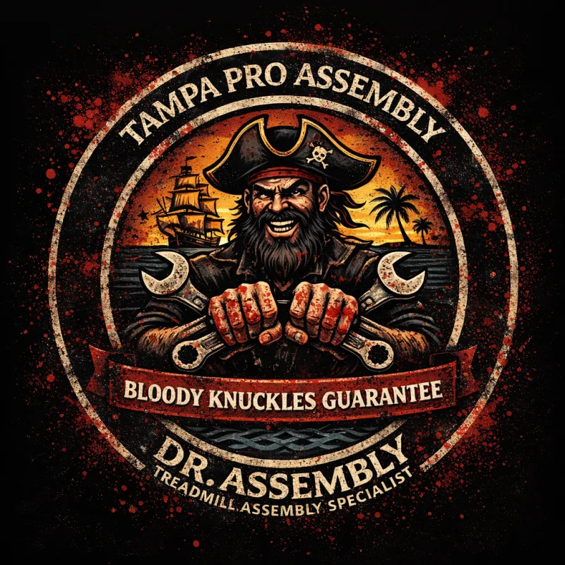 Tampa Pro Assembly — Bloody Knuckles Guarantee emblem: bearded pirate gripping crossed wrenches over a Tampa Bay sunset, DR Assembly treadmill assembly specialist