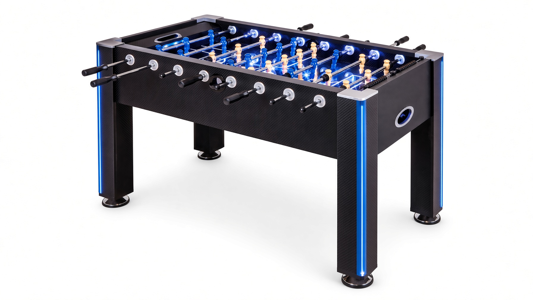 Atomic Azure LED foosball table with blue lighting and carbon fiber finish assembled by DR Assembly