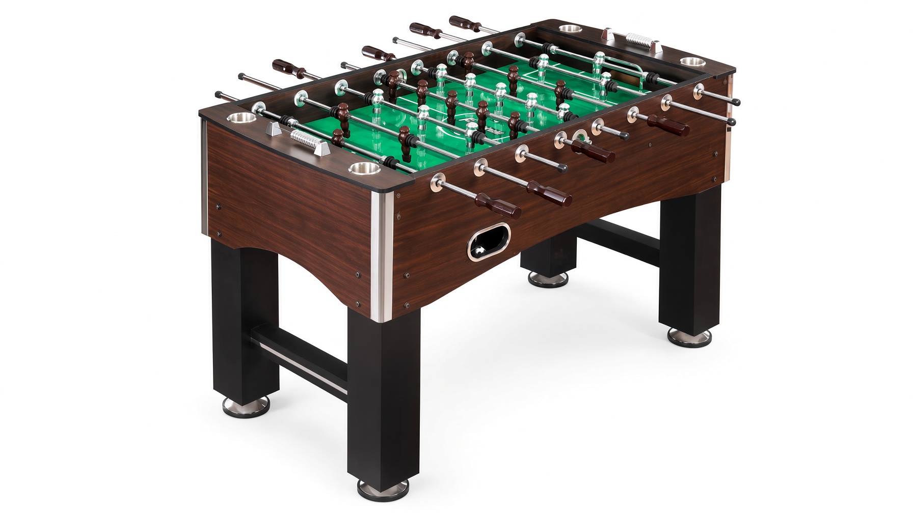 Hathaway Primo 56-inch foosball table in walnut with cup holders assembled by DR Assembly