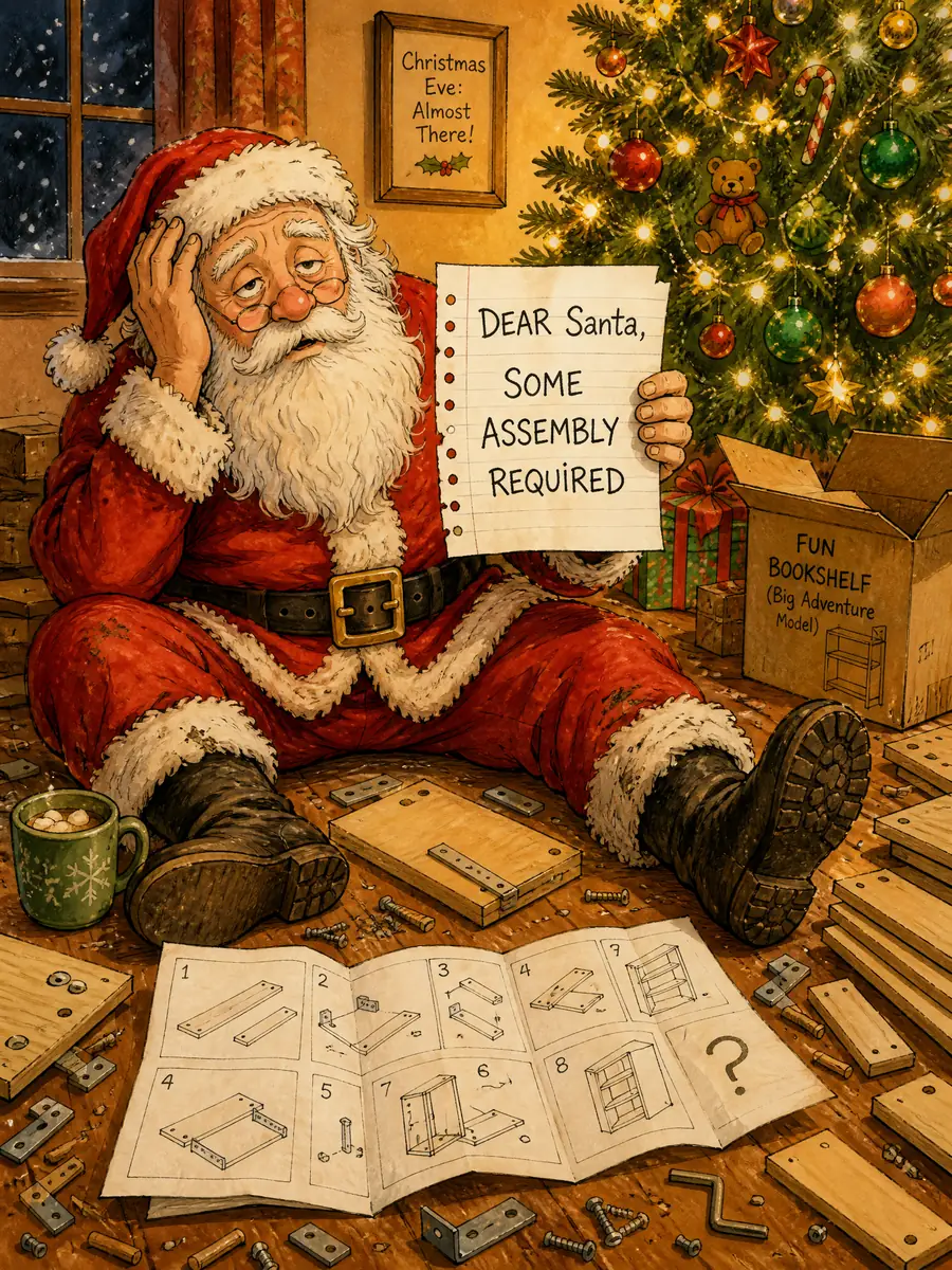 Watercolor cartoon of a weary Santa Claus on Christmas Eve holding a note that reads ‘Dear Santa, some assembly required’, surrounded by flat-pack bookshelf parts, screws and instructions — the Christmas Eve chaos DR Assembly takes off Florida parents’ hands