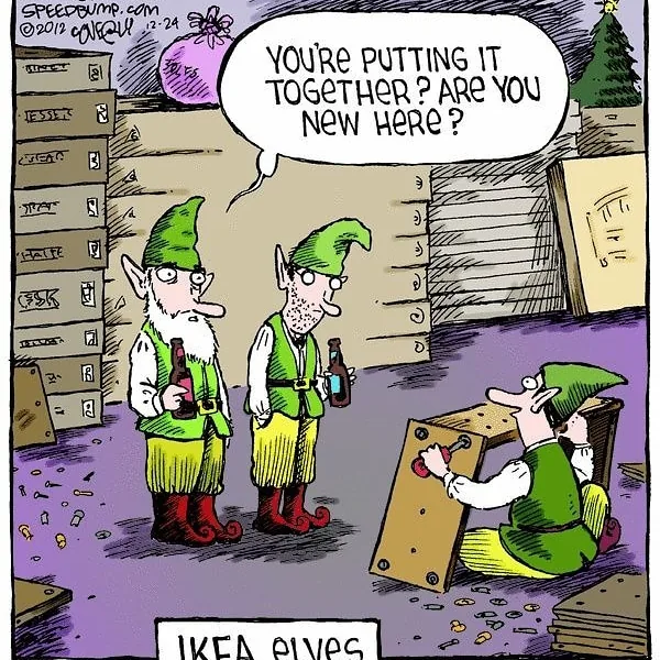 Cartoon elves assembling flat-pack furniture on Christmas Eve, DR Assembly Santa’s Helper theme