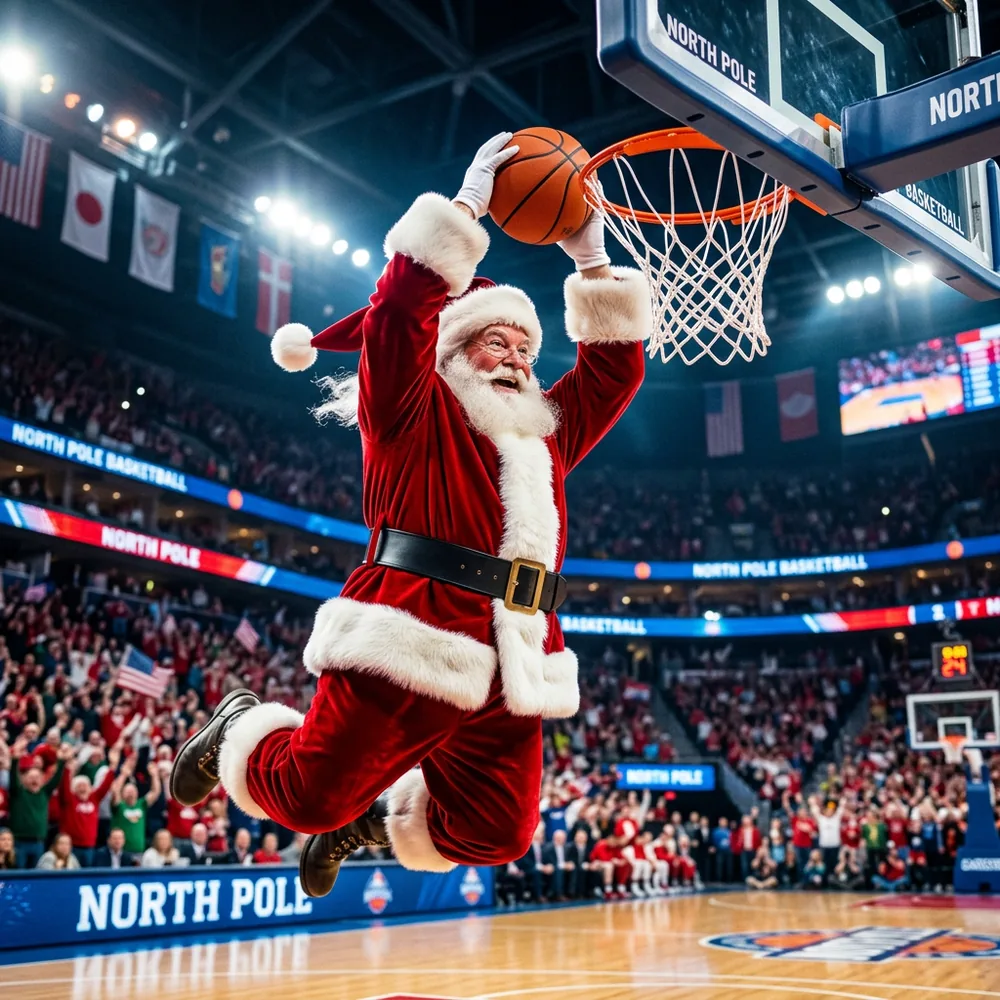 Santa Claus in a red velvet suit flying mid-air to slam dunk a basketball through a regulation rim — the kind of basketball hoop DR Assembly installs across Tampa Bay and Orlando before Christmas morning