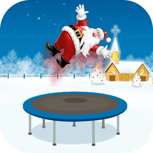 Santa Claus jumping on a freshly assembled trampoline, festive holiday graphic