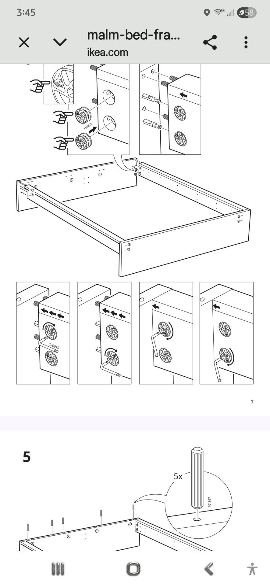 IKEA MALM bed frame manual page showing cam lock and dowel connector installation steps