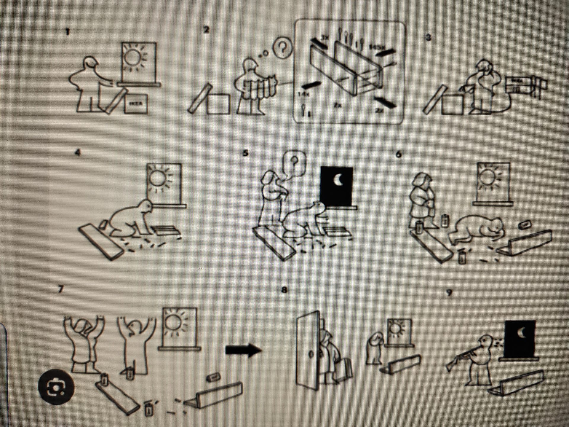 IKEA wordless instruction manual comic strip showing a stick figure assembling furniture from sunrise to moonlight