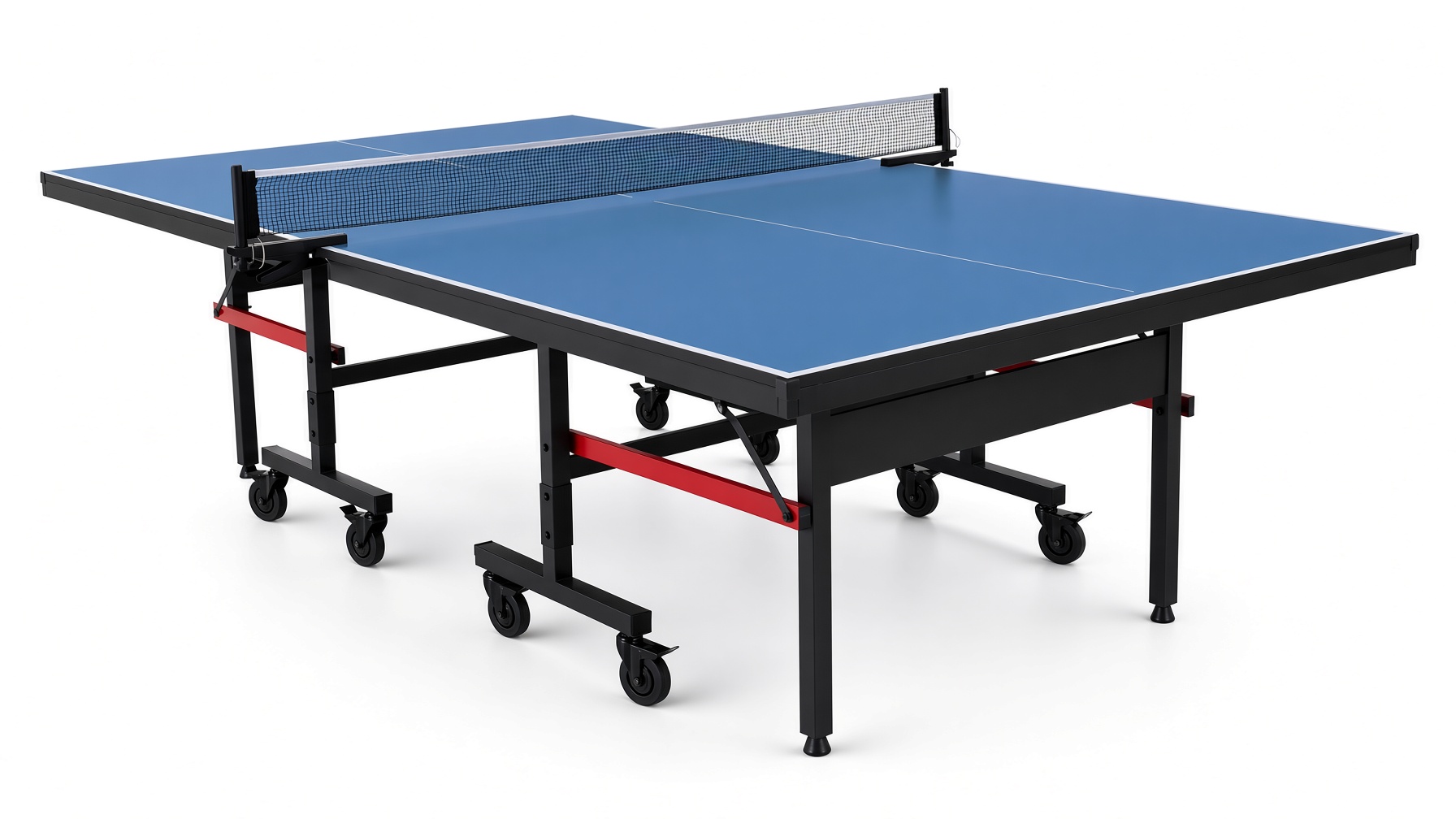 Blue competition indoor ping pong table with red frame accents assembled by DR Assembly in Florida