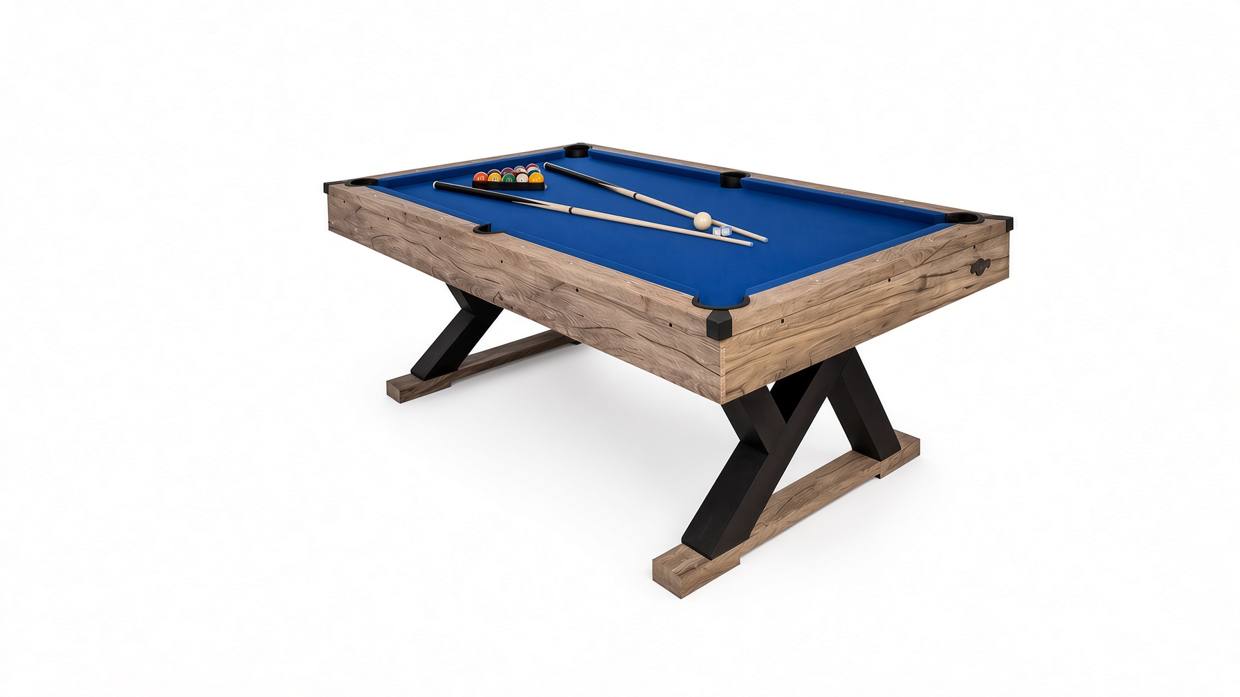 American Legend Kirkwood pool table with blue felt and rustic wood X-legs assembled by DR Assembly