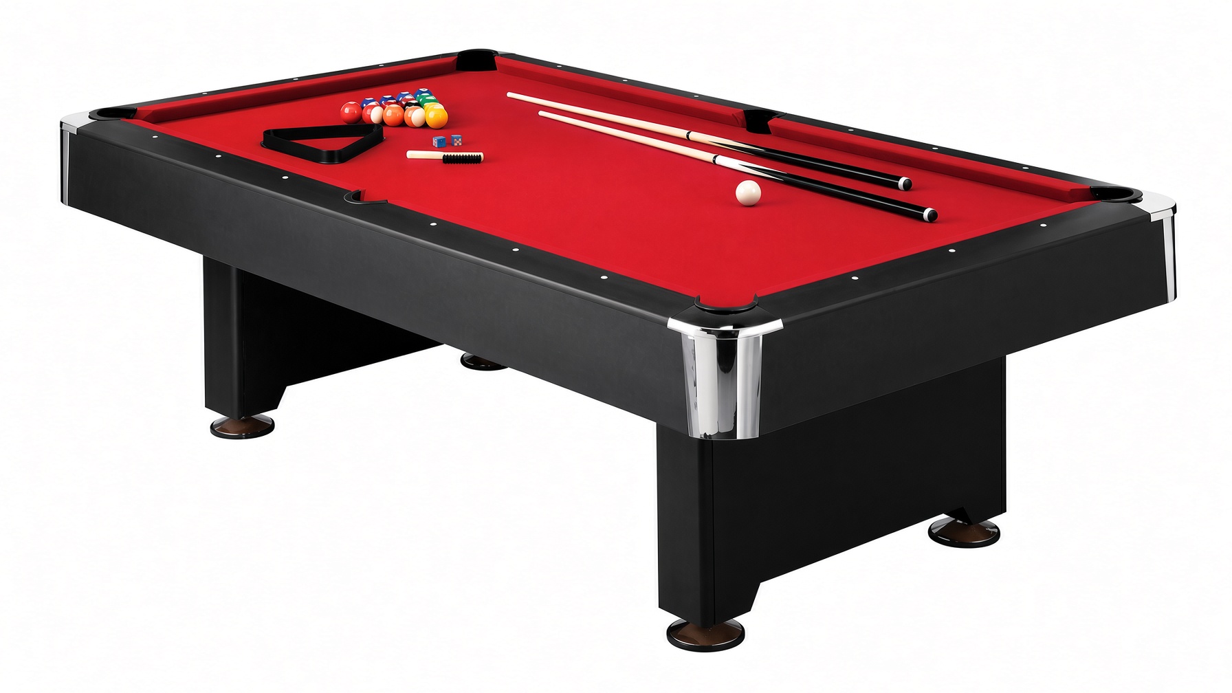 Mizerak Donovan II 8-foot pool table with red felt and chrome leg accents assembled by DR Assembly