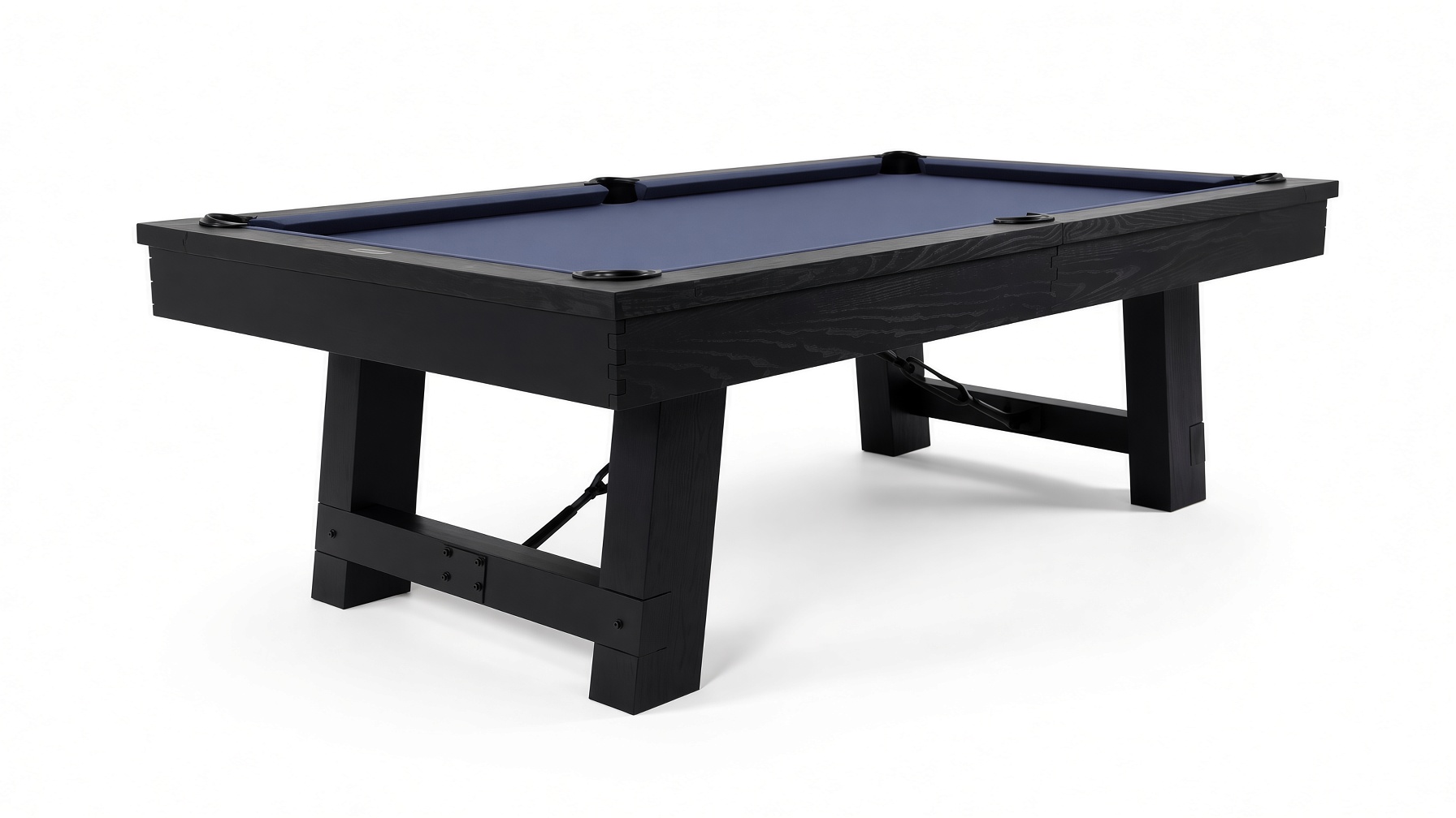 Plank and Hide Isaac 8-foot pool table in black ash with navy blue felt assembled by DR Assembly