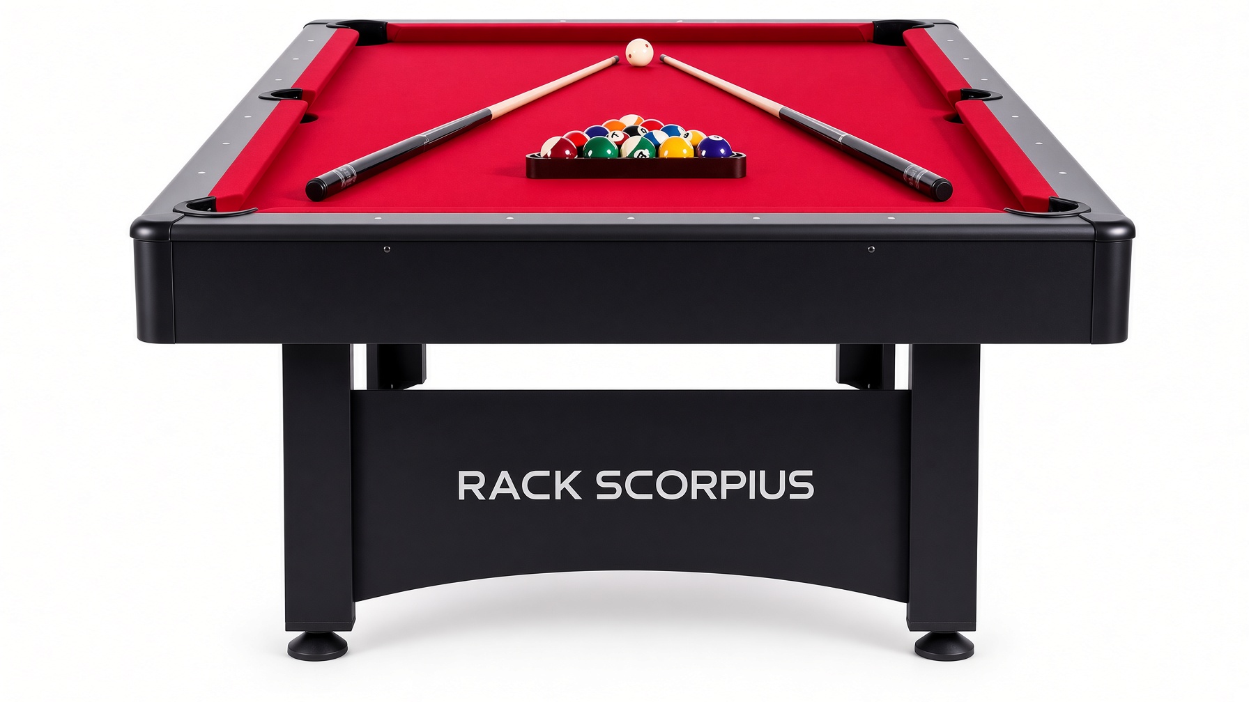 Rack Scorpius 7-foot pool table with red felt and modern black frame assembled in Florida