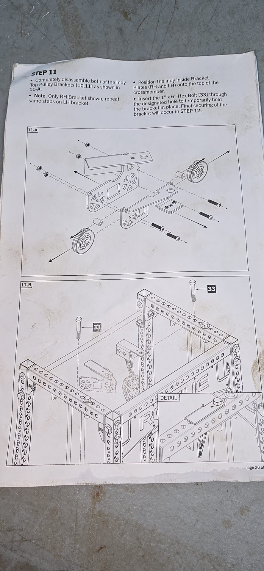 Rogue FM-3 Indy manual Step 11 exploded diagram showing pulley bracket disassembly and crossmember mounting