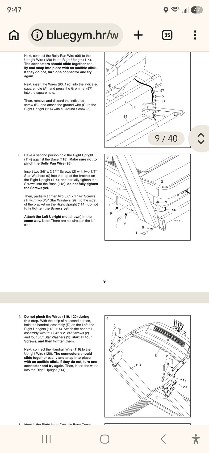 NordicTrack treadmill manual page showing console cable routing up the upright support leg