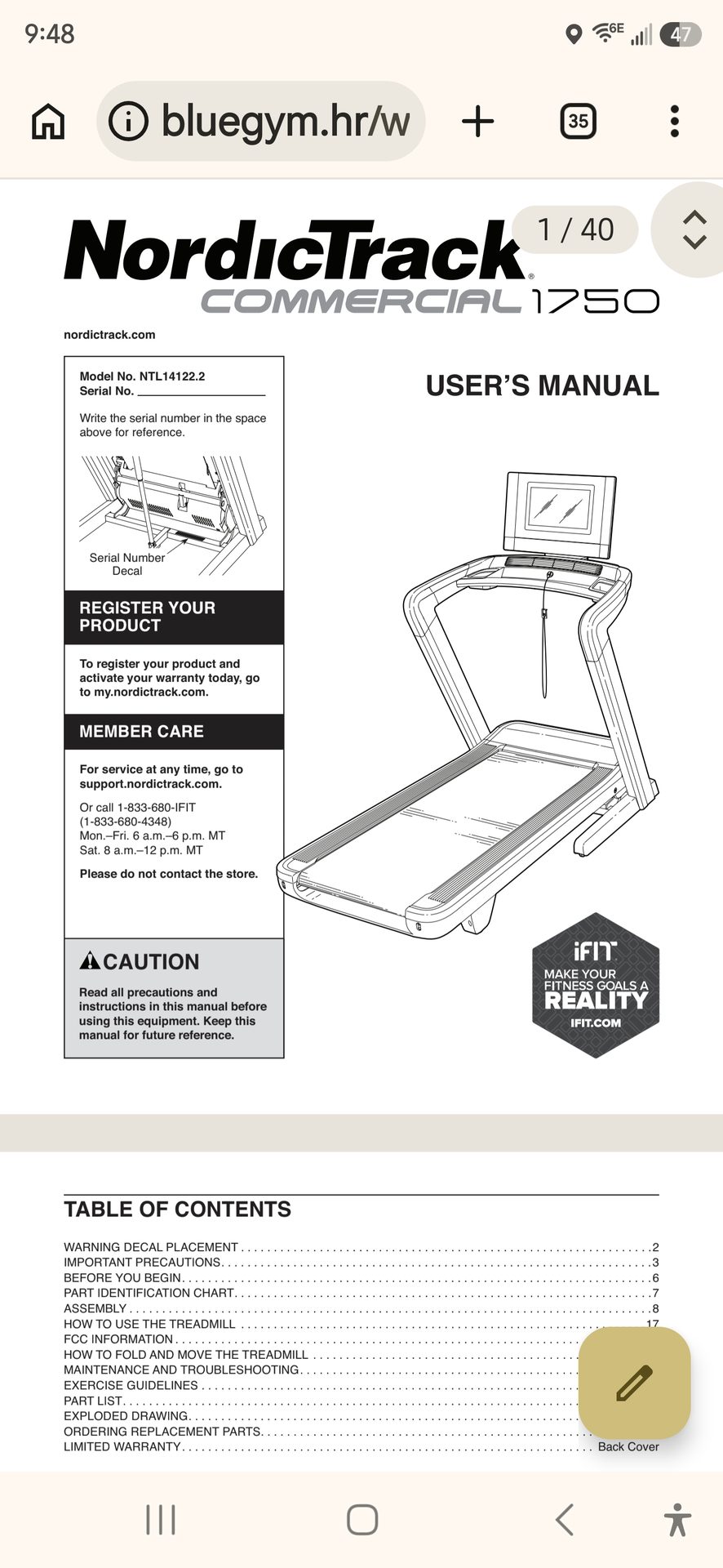 NordicTrack treadmill manual page showing upright screw placement next to the wire harness