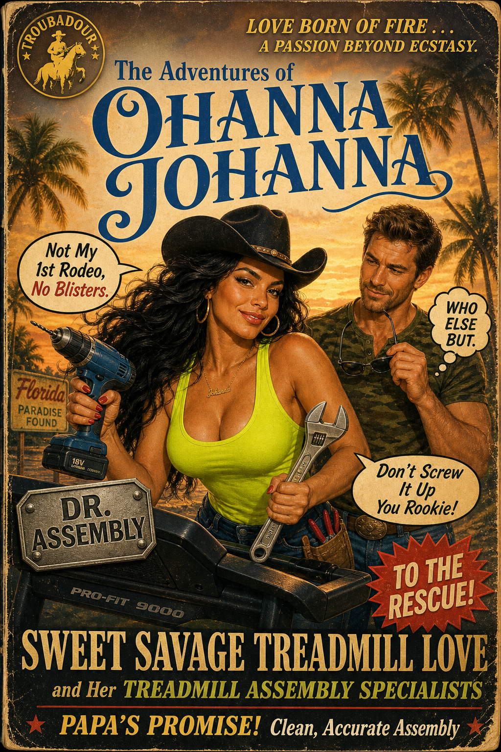 The Adventures of Ohanna Johanna — Sweet Savage Treadmill Love romance novel style cover featuring Johanna with drill and cowboy hat, Nathan in background